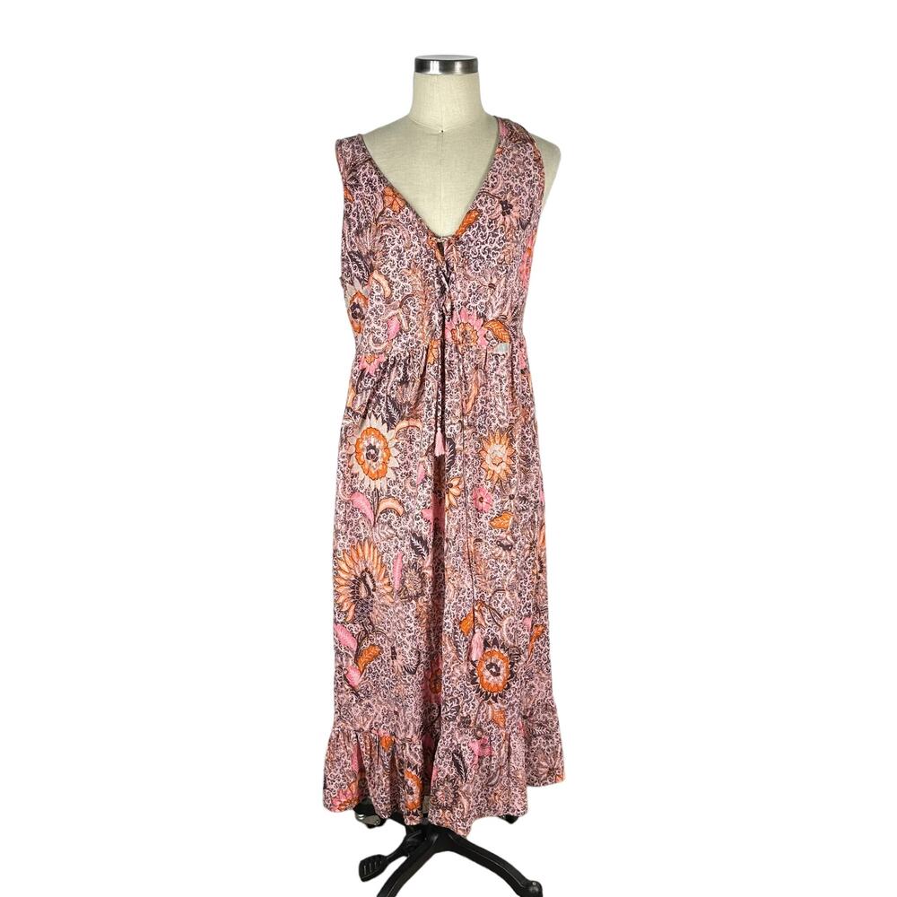 MADEWELL Pink‎ Purple Floral Bali Blooms Midi Dress Size 12 Pastel Colorful